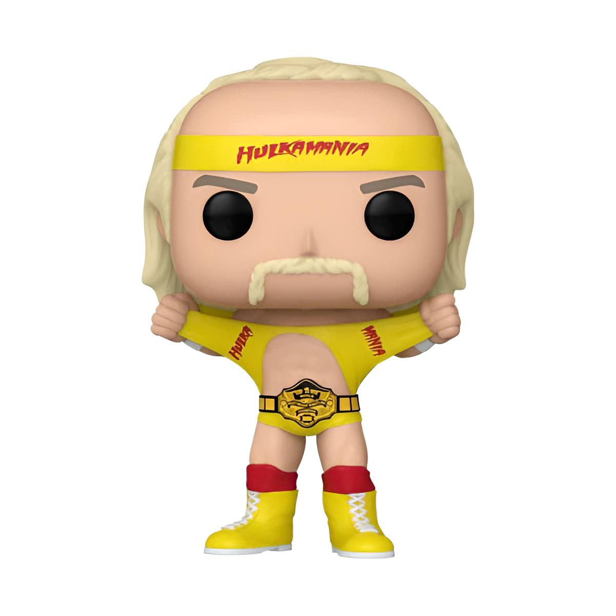 Funko Pop Figur von Hulk Hogan mit gelbem Hulkamania-Stirnband, gelber Kleidung und Meisterschaftsgürtel.