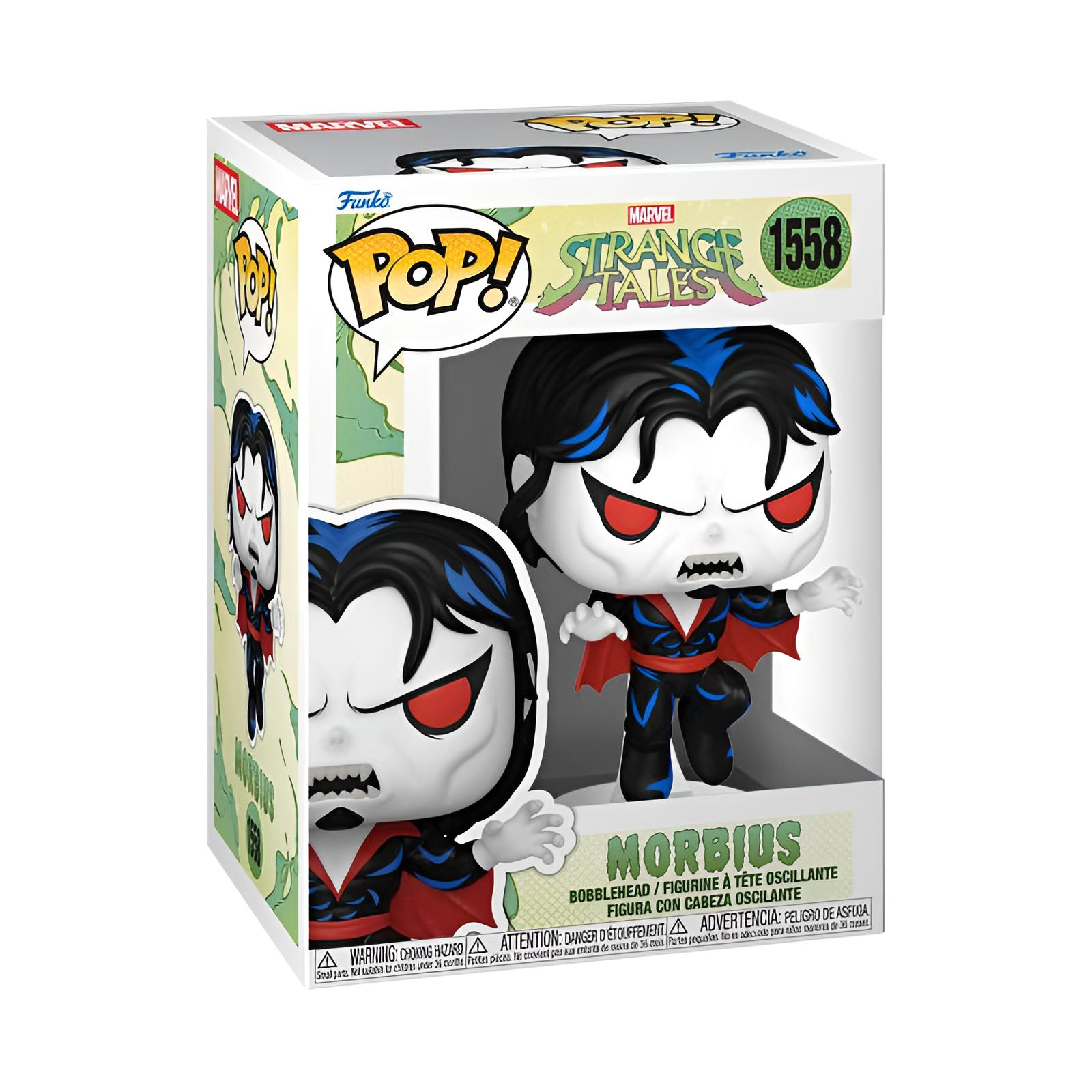 Una figura Funko Pop de Marvel Strange Tales Morbius en una caja impresa con ojos rojos y cabello negro.