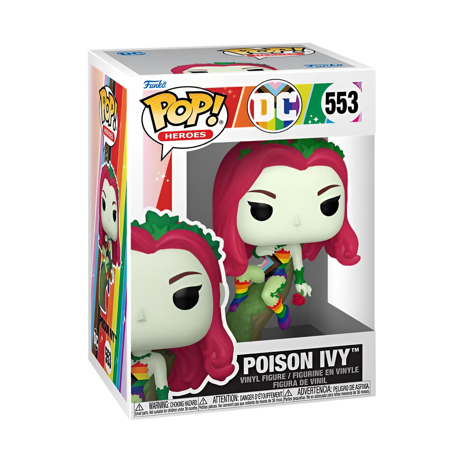 Figura de vinilo Funko Pop de Poison Ivy en su caja, con cabello rojo, detalles de hojas y detalles arcoíris.