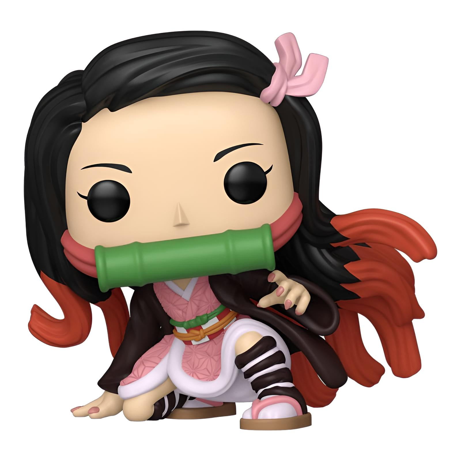 Figura Funko Pop de Nezuko Kamado en pose agachada con bambú verde en la boca y lazo rosa en el pelo.
