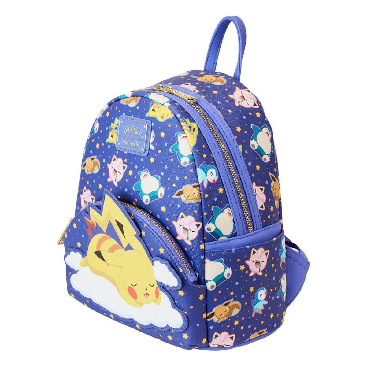 Una mini mochila azul de Pokémon con un Pikachu durmiendo en un bolsillo de nube y estampado de estrellas.
