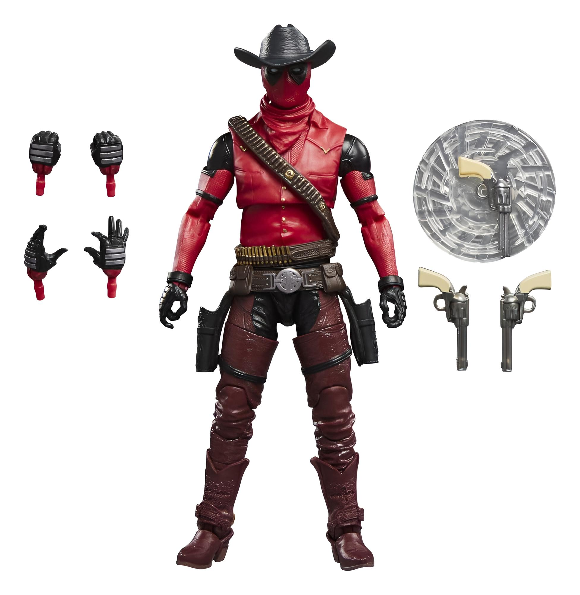 Deadpool-Actionfigur im Cowboy-Stil mit Hut, roten und braunen Kleidern sowie Waffen und austauschbaren Händen.