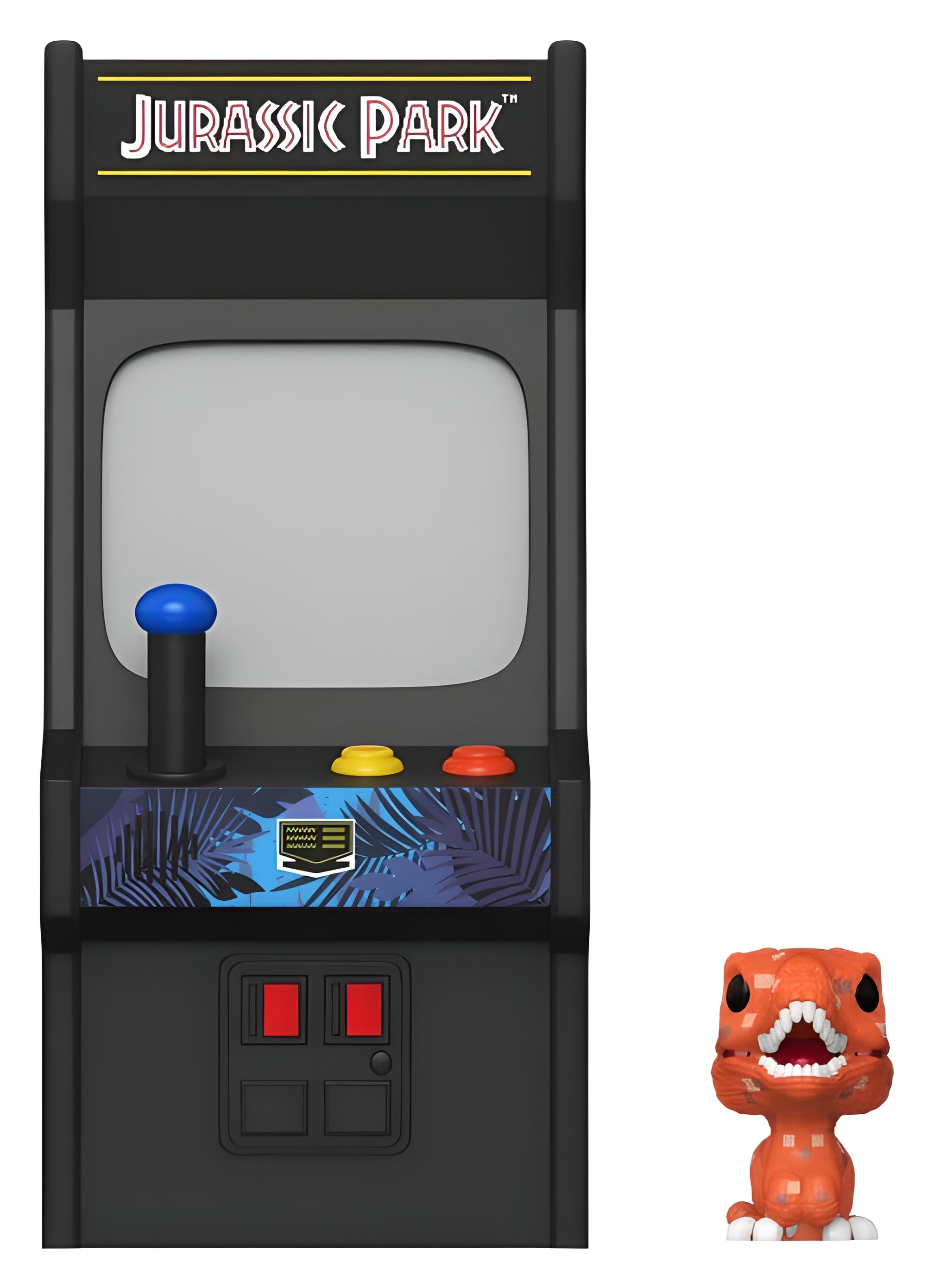 Una recreativa de Jurassic Park con una pequeña figura de dinosaurio rojo al lado sobre fondo blanco.