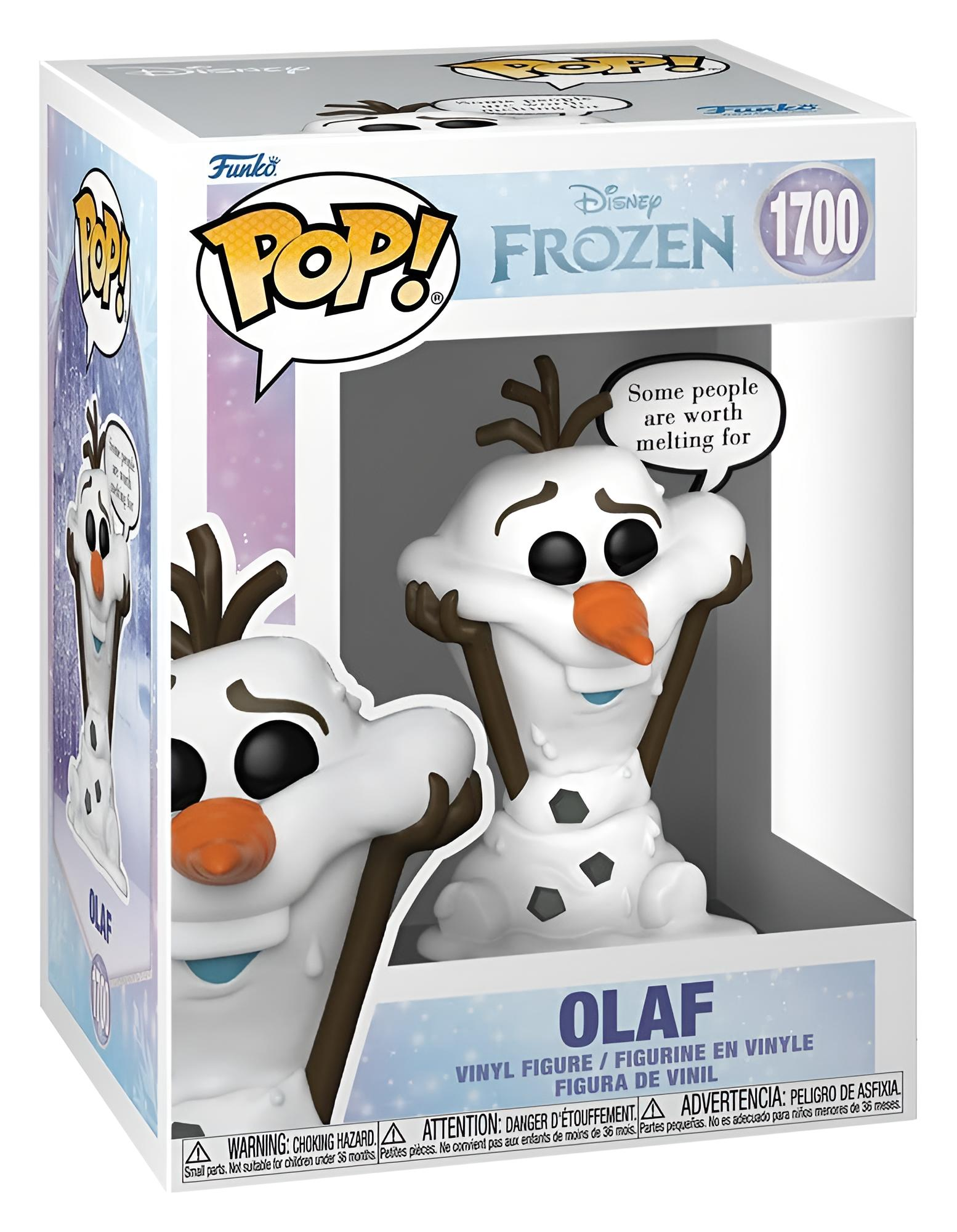 Figura de vinilo Funko Pop de Olaf de Frozen en su caja original con un bocadillo.