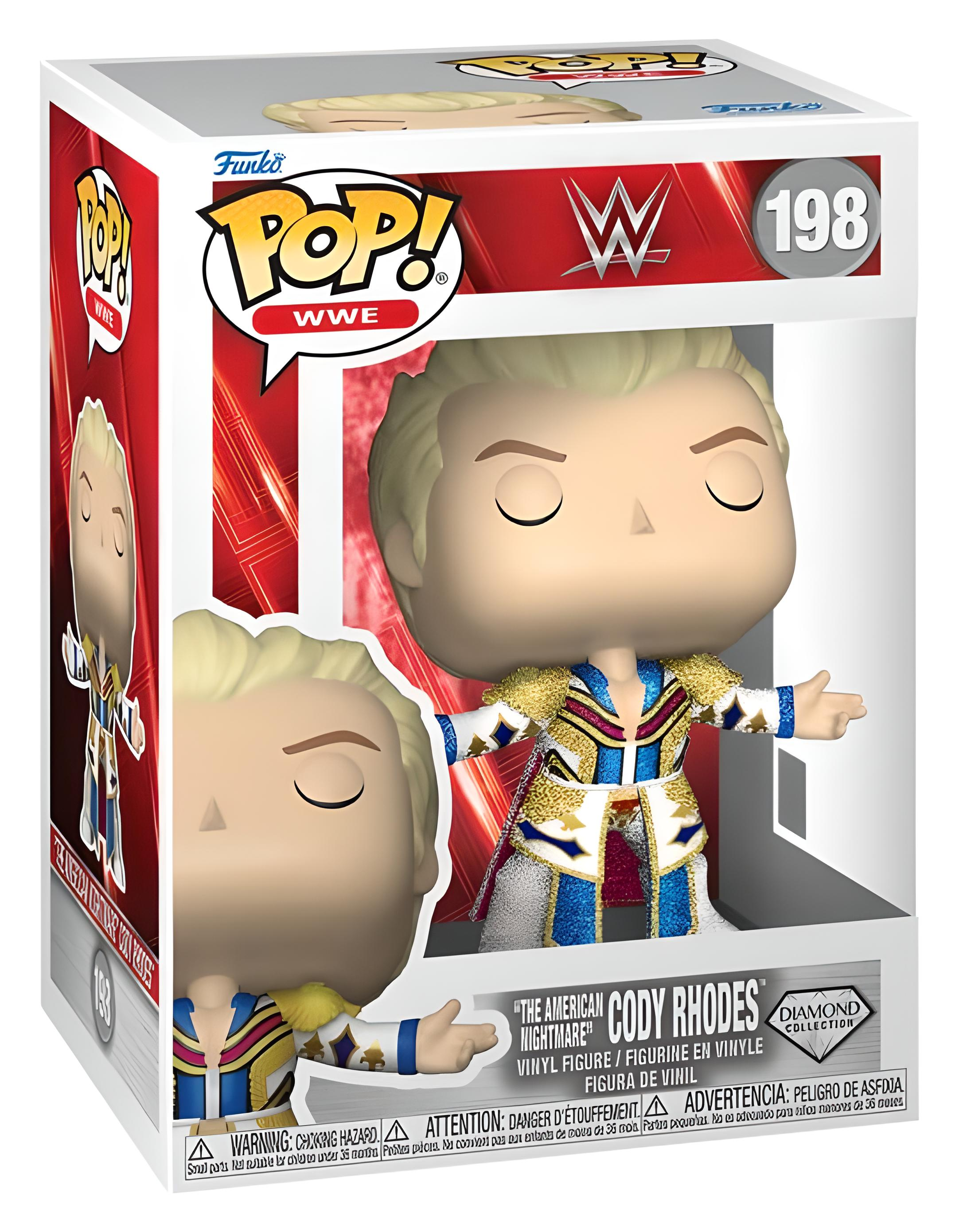 Figura de vinilo Funko Pop WWE de Cody Rhodes, número 198, en su caja de colección.