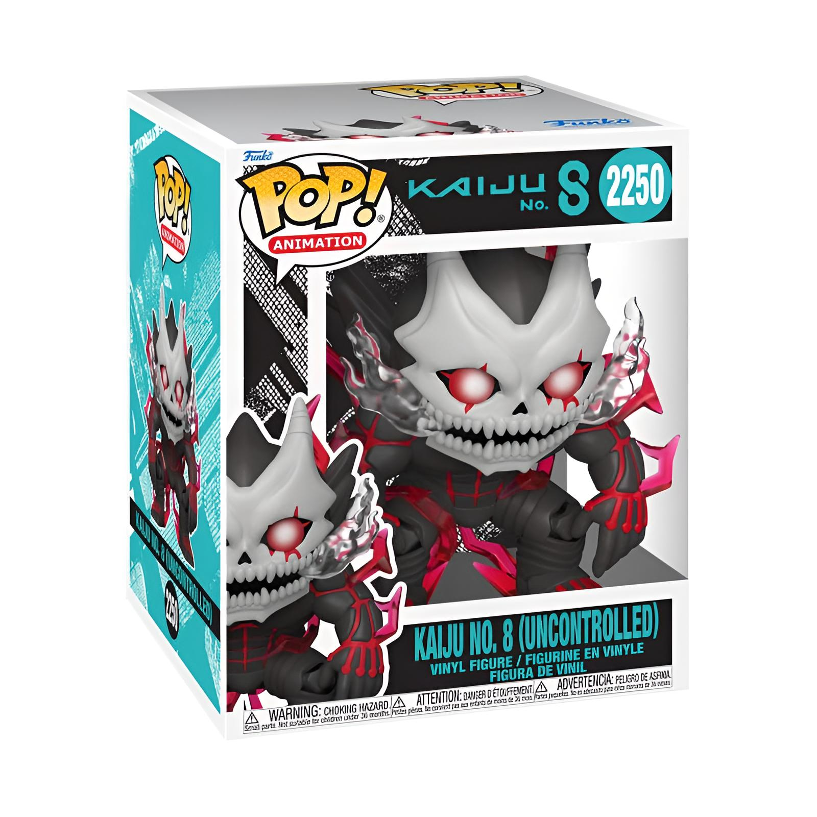 Figura de vinilo Funko Pop Kaiju No. 8 Uncontrolled en caja con máscara de calavera blanca, ojos rojos brillantes y cuerpo negro.