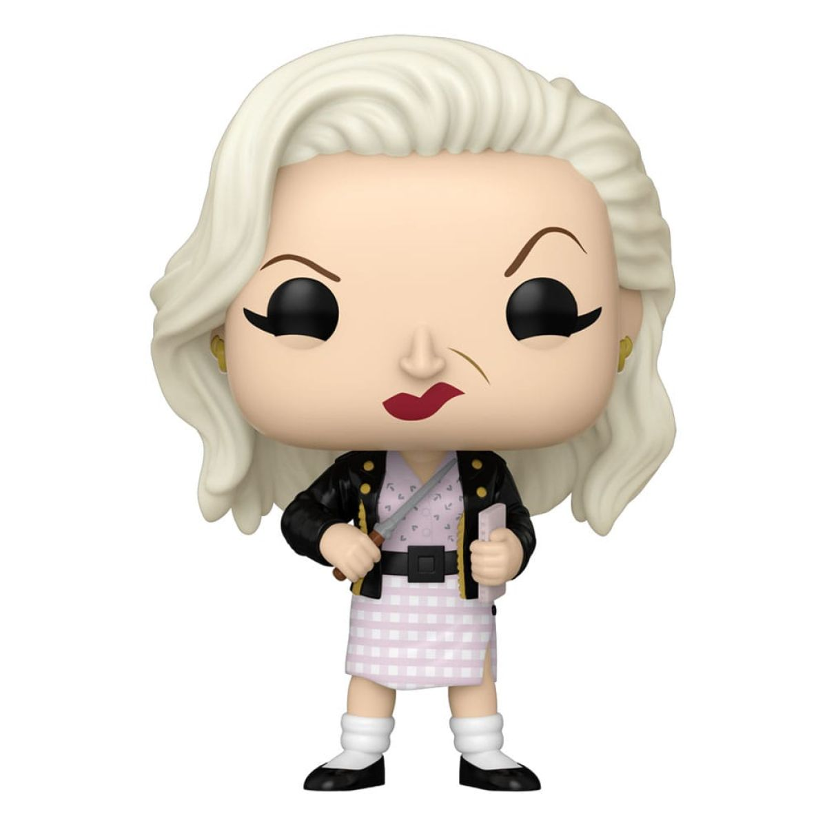 Una figura Funko Pop con cabello blanco, chaqueta negra y falda de cuadros rosados sobre fondo blanco.