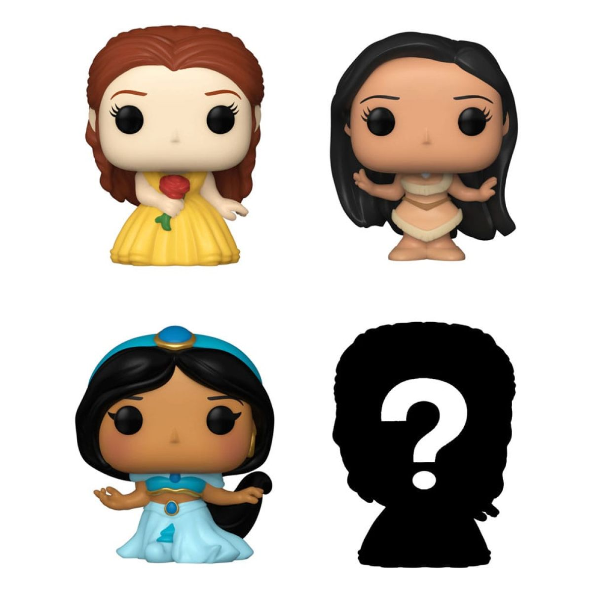 Cztery figurki Funko Pop przedstawiające księżniczki Disney'a: Belle, Pocahontas, Jasmine oraz tajemniczą sylwetkę.