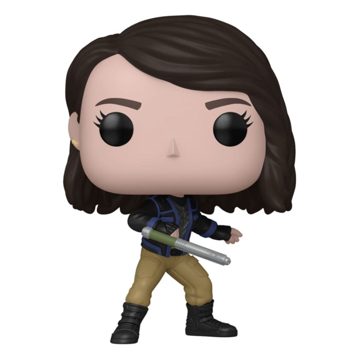 Figurka Funko Pop z brązowymi włosami, czarną kurtką i khaki spodniami, trzymająca pałkę.