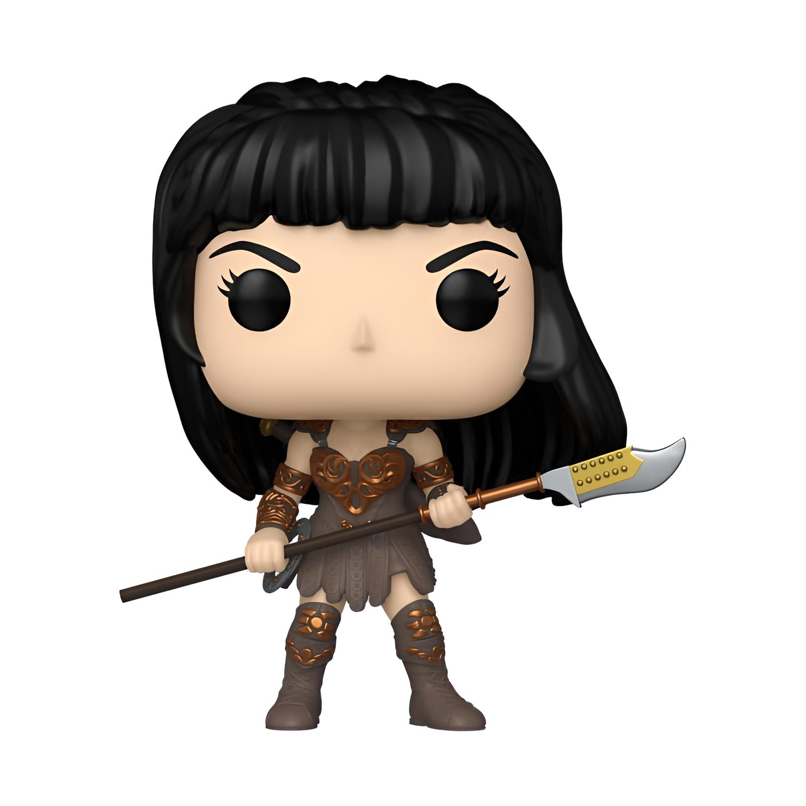 Una figura coleccionable de vinilo de Xena con cabello negro, armadura y una lanza, sobre fondo blanco.