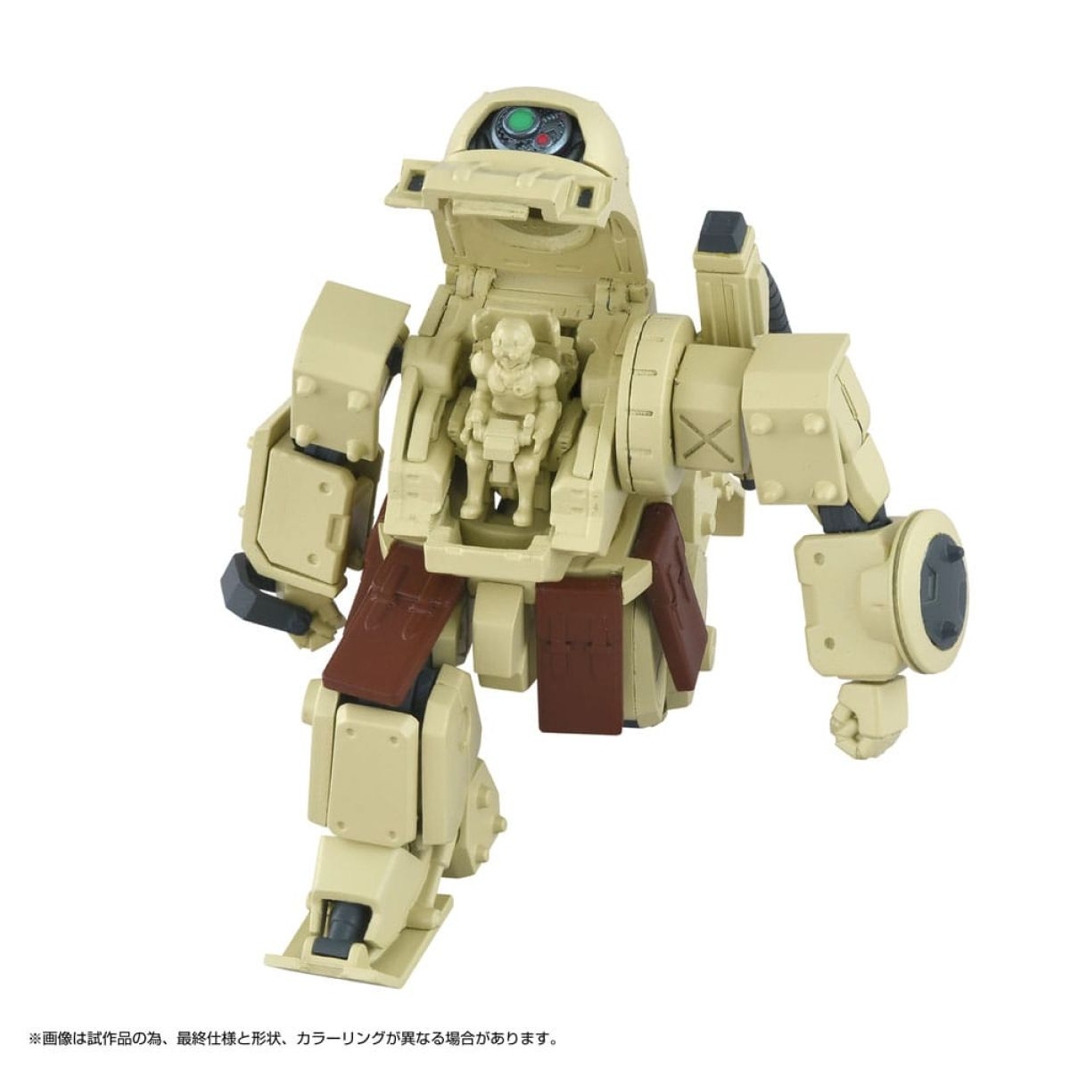 Ein beiger Roboter mit offenem Cockpit und sitzender Figur.