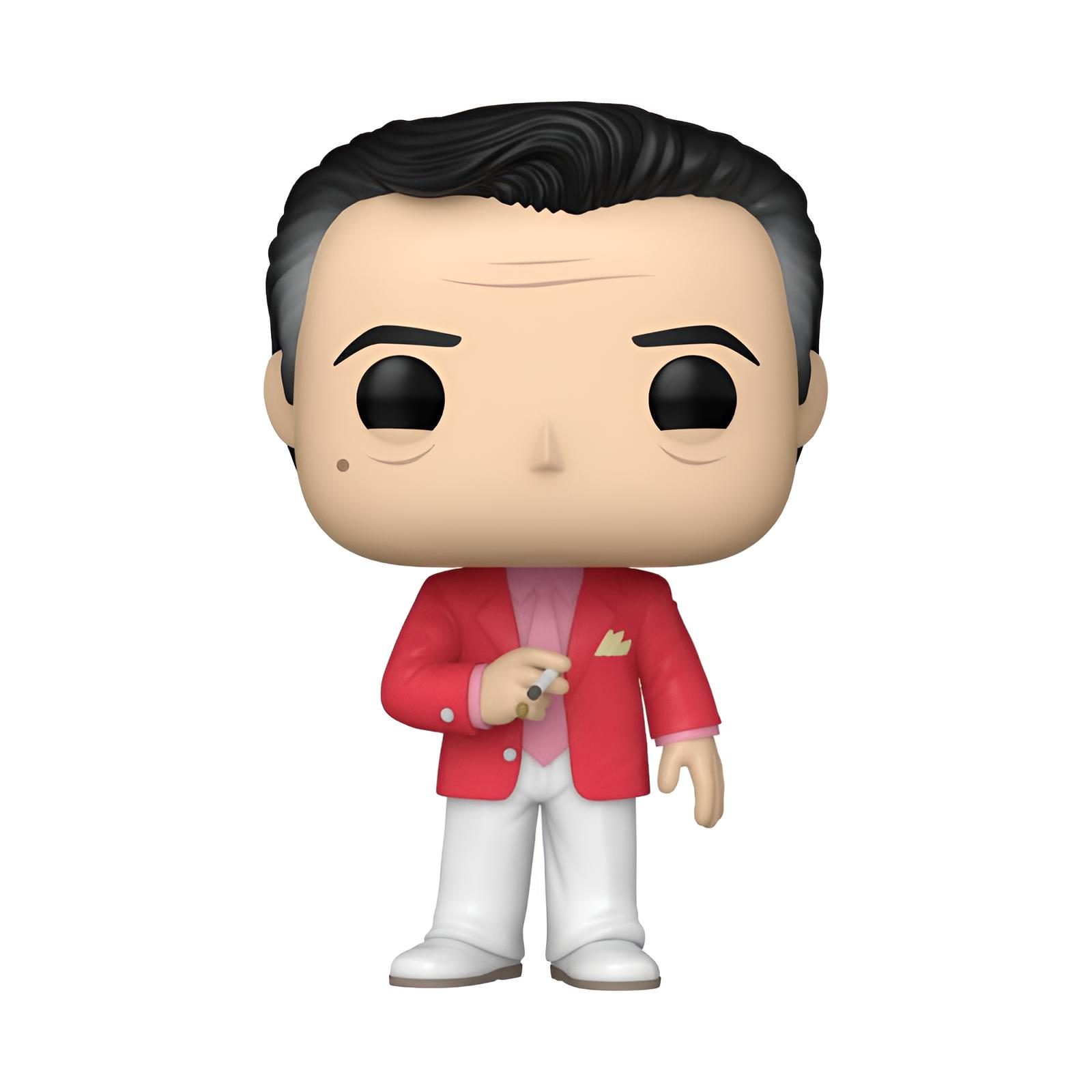 Una figura Funko Pop con chaqueta roja, pantalones blancos y un puro.