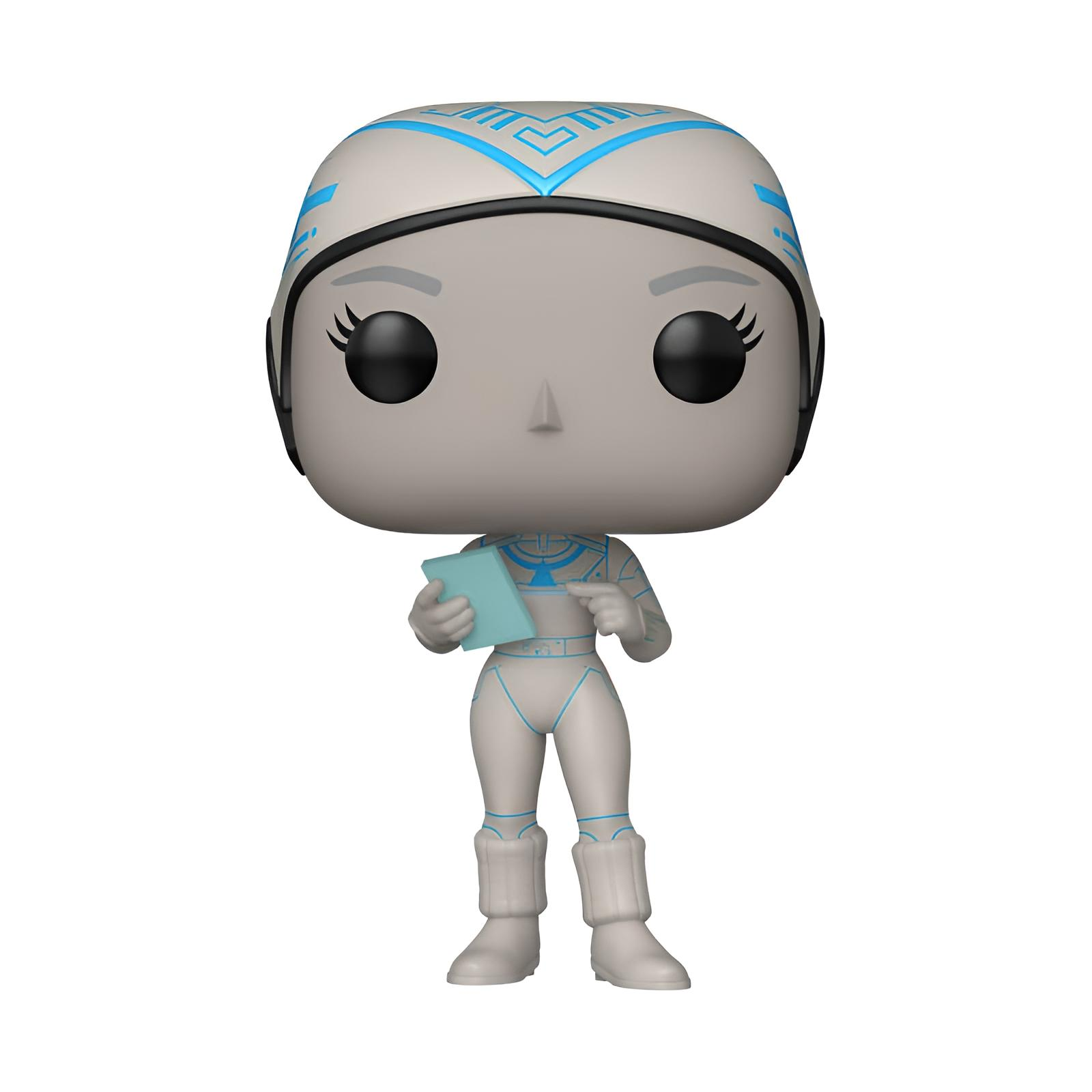 Eine weiße und blaue Vinyl-Sammelfigur mit Helm hält ein digitales Gerät auf weißem Hintergrund.
