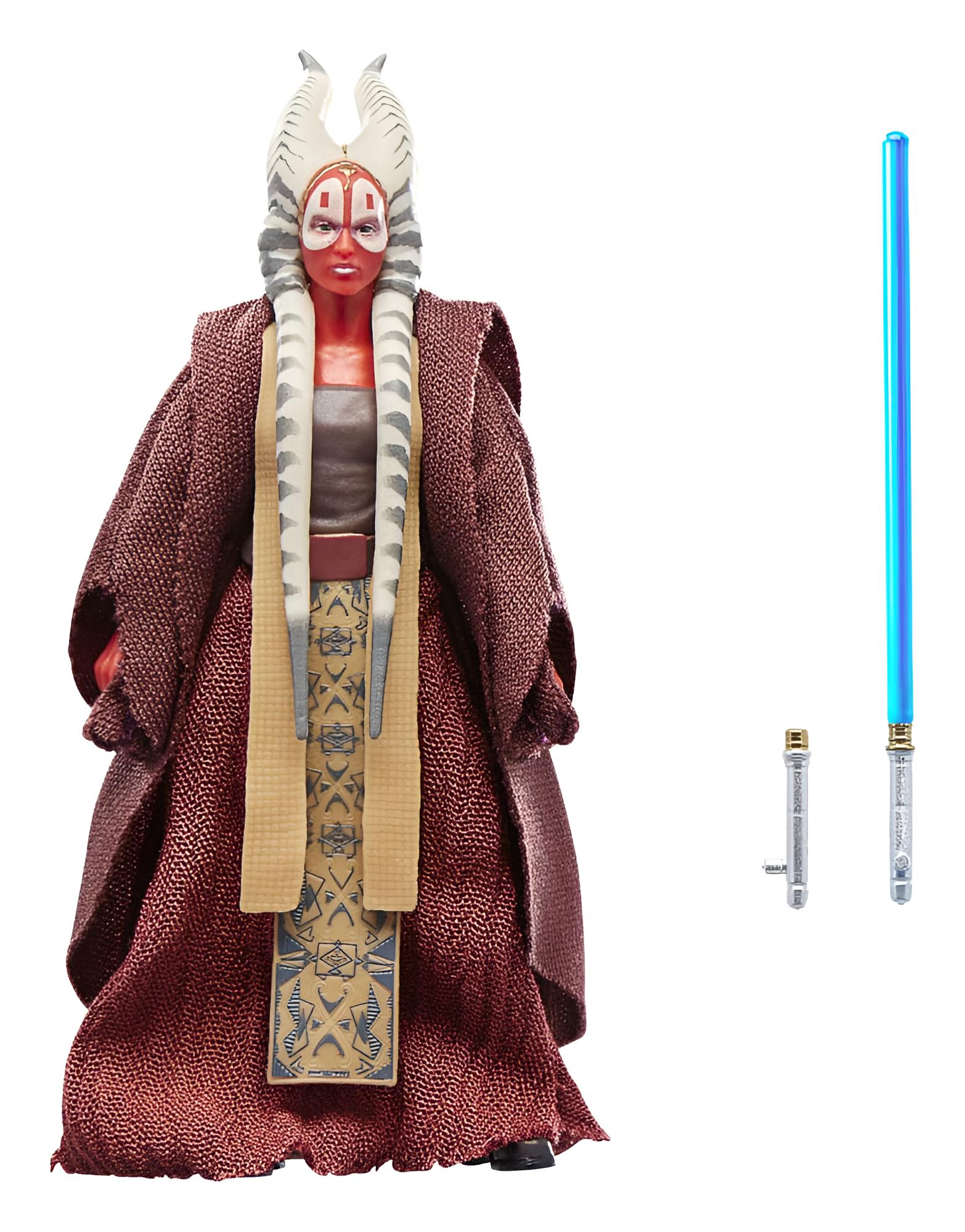 Figura de acción de Ahsoka Tano con túnica roja y dos sables de luz azules.