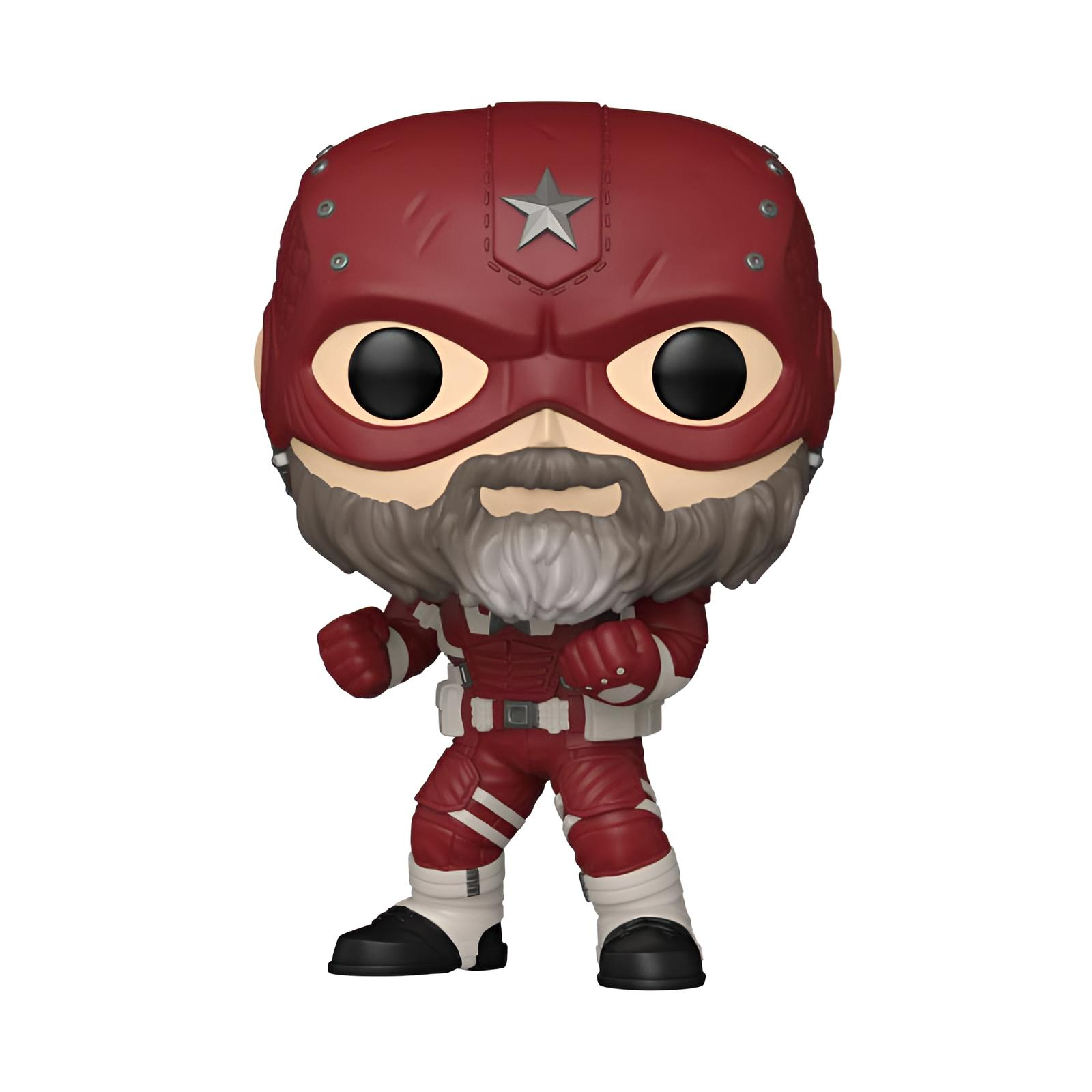 Una figura Funko Pop roja con barba gris, casco rojo y estrella plateada.