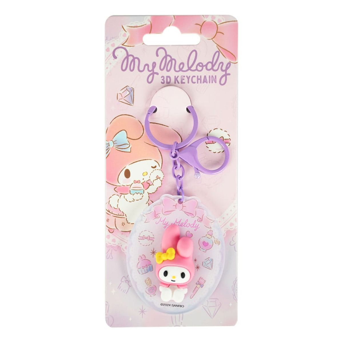 Llavero 3D de My Melody en tonos rosados y morados sobre un cartón de presentación.