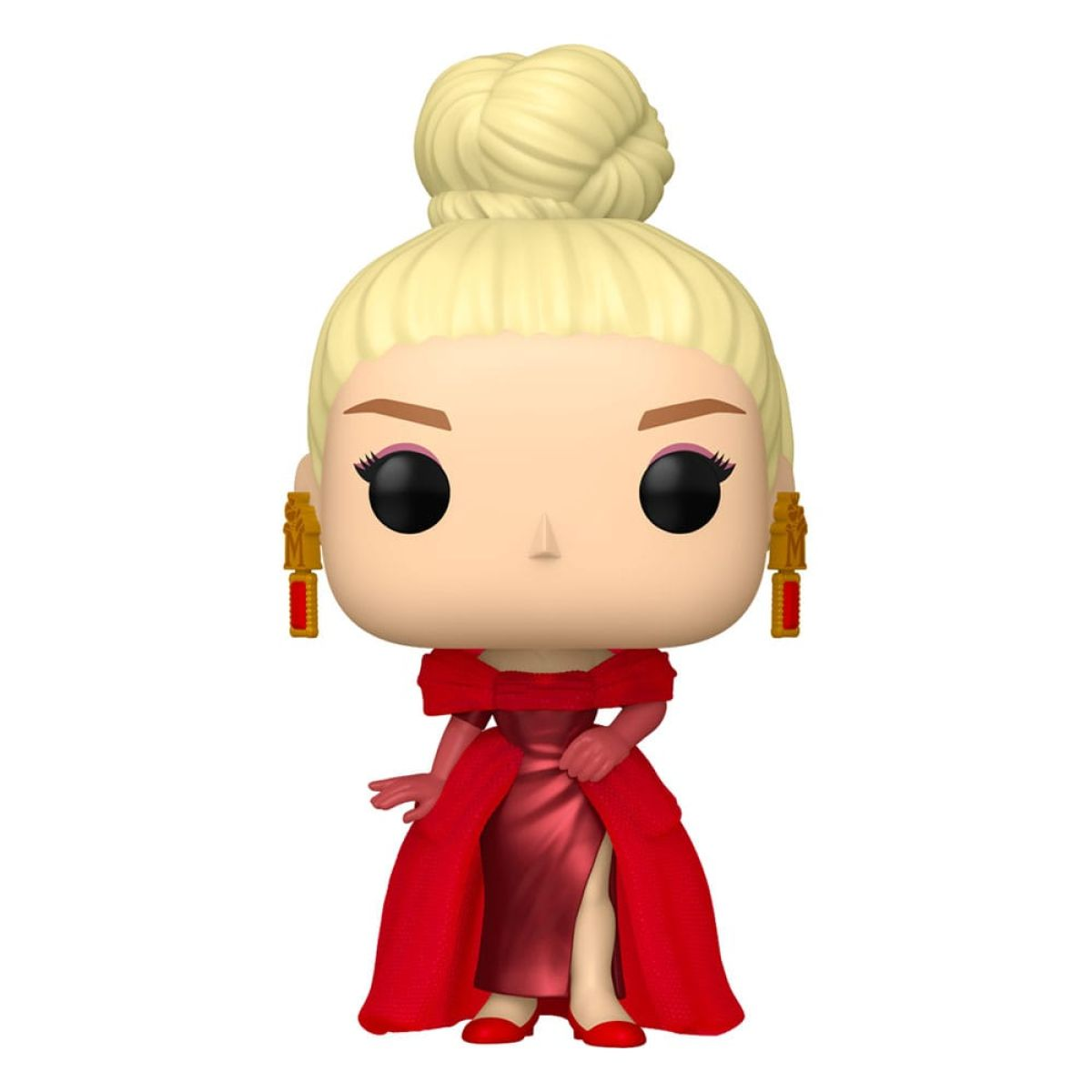 Una figura de vinilo coleccionable con moño rubio, vestido rojo y pendientes grandes a juego sobre fondo blanco.