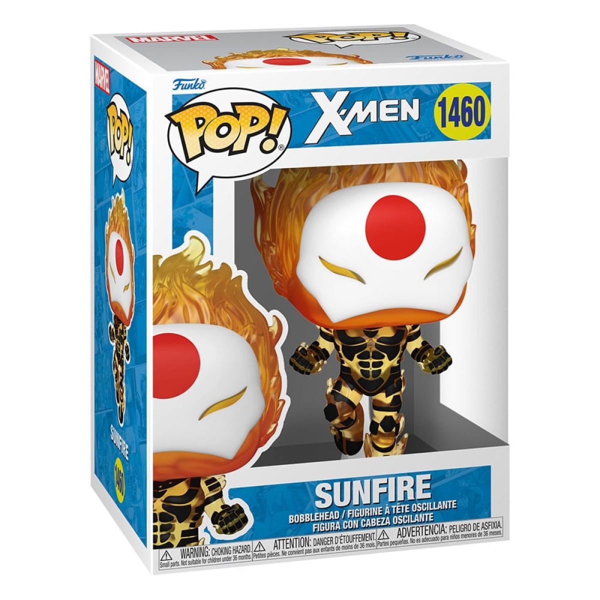 Figura de vinilo Funko Pop X-Men Sunfire en caja con máscara roja y blanca.