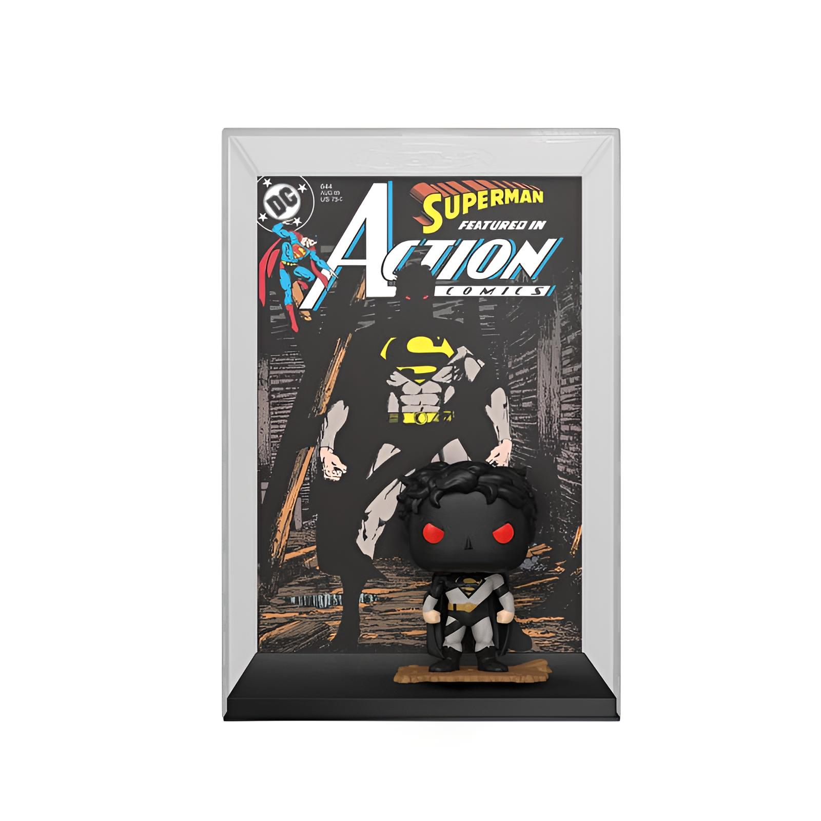 Figura Funko Pop de Superman con traje negro frente al fondo de una portada de cómic.