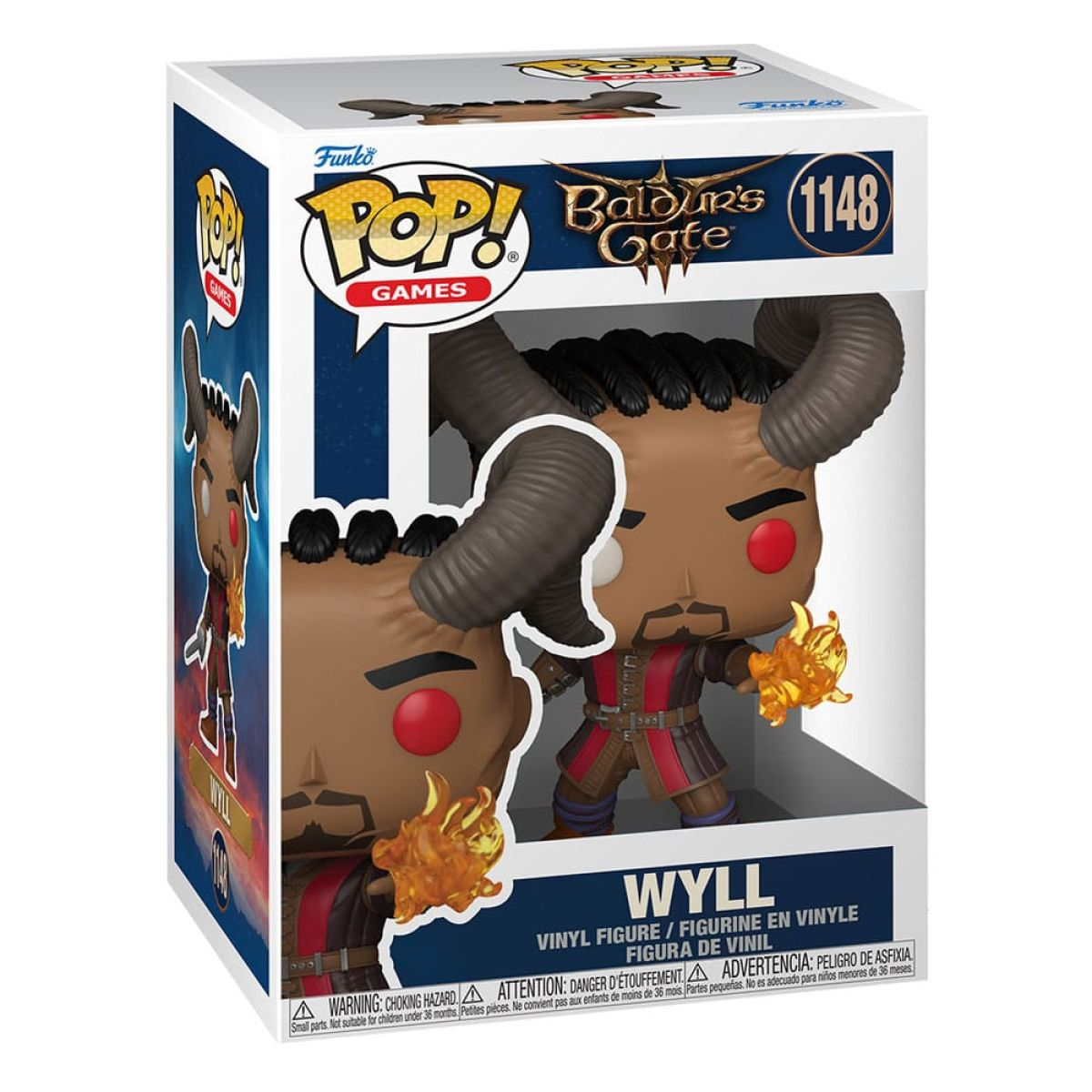 Figura Funko Pop! de Wyll de Baldur's Gate 3 en caja, con cuernos y una llama en la mano.
