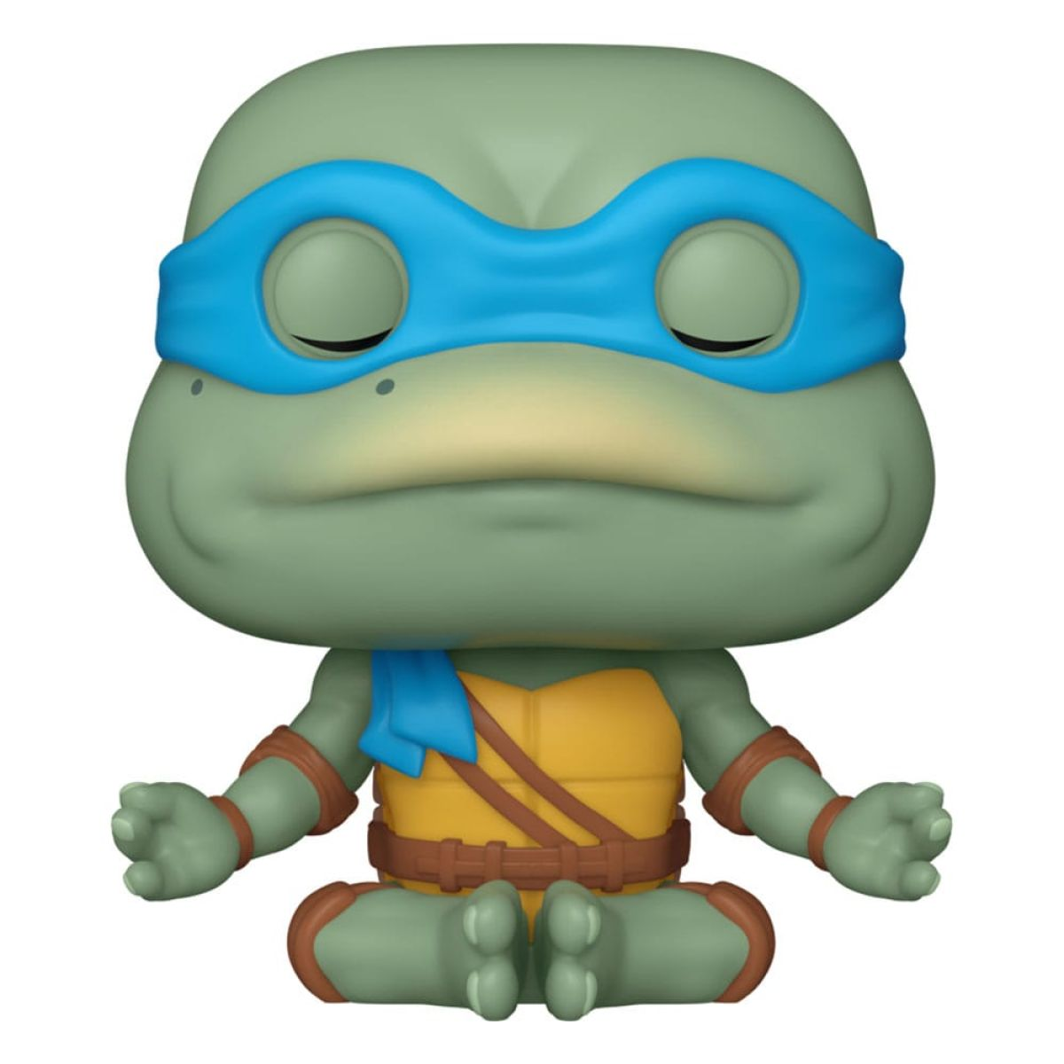 Una figura de vinilo de Leonardo de Tortugas Ninja meditando con los ojos cerrados y una máscara azul.