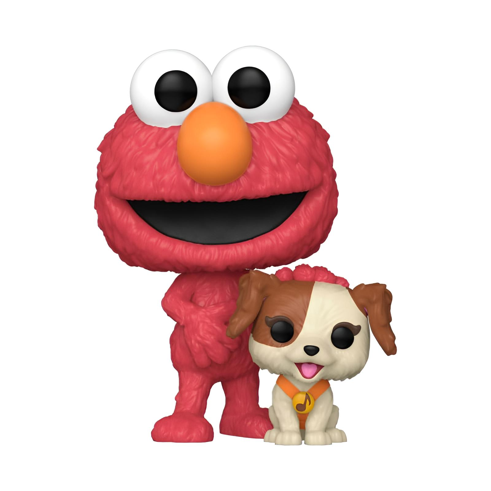 Una figura de vinilo de Elmo con pelo rojo junto a una figura de perro marrón y blanco.