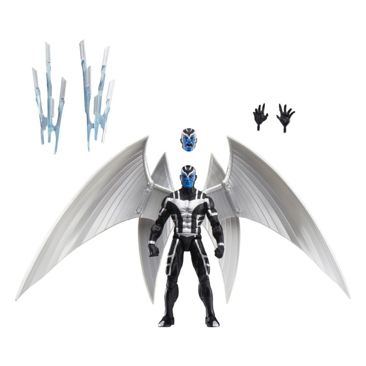 Figura de acción azul con grandes alas plateadas, cabeza extra, manos y accesorios de cristal sobre fondo blanco.
