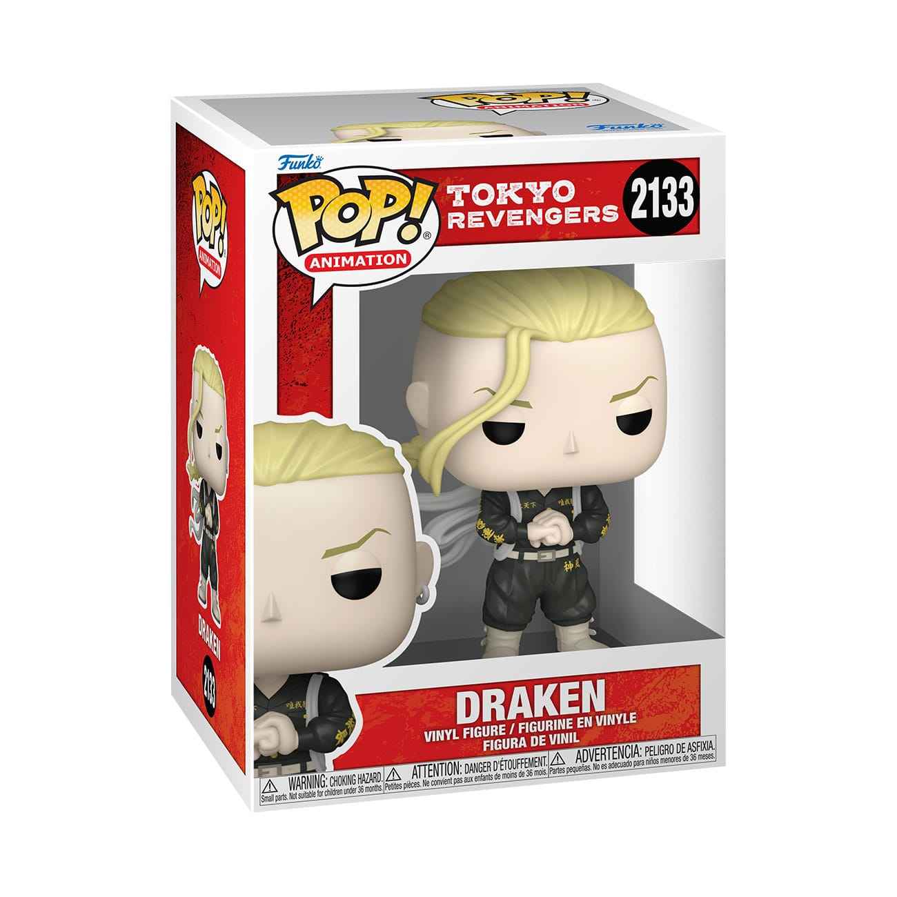 Figura Funko Pop de Draken de Tokyo Revengers en caja, con cabello rubio, coleta trenzada y uniforme negro.