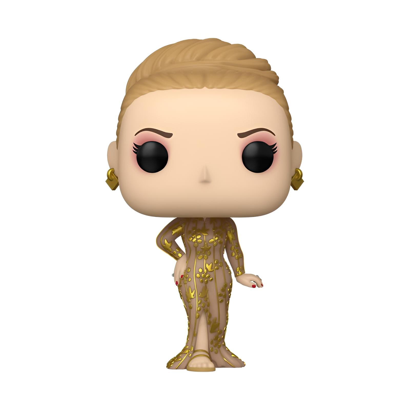 Una figura Funko Pop rubia con un elegante vestido con patrón dorado sobre fondo blanco.