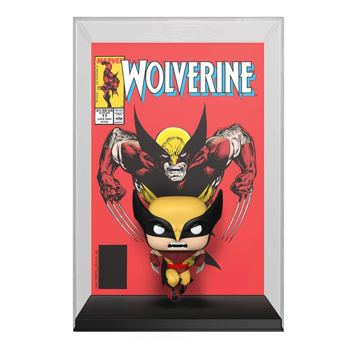 Una figura de Wolverine Funko Pop frente a la portada de su cómic en una vitrina protectora transparente.