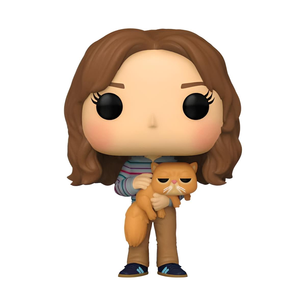 Figura de vinilo de una mujer con cabello castaño que sostiene un gato rayado naranja.