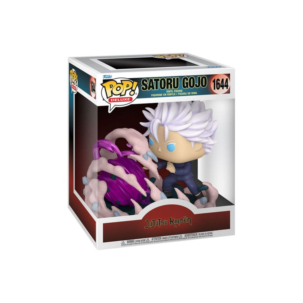 Figurka Satoru Gojo Funko Pop Deluxe w pudełku kolekcjonerskim z fioletową energią.