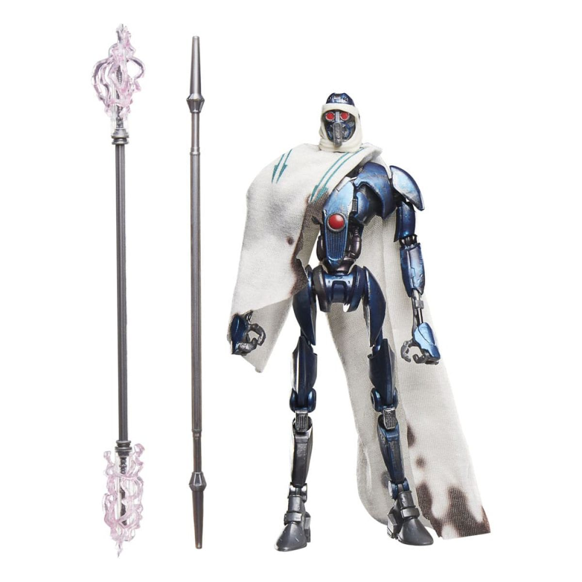 Figura de acción de robot blindado azul con capa blanca y dos bastones sobre fondo blanco.
