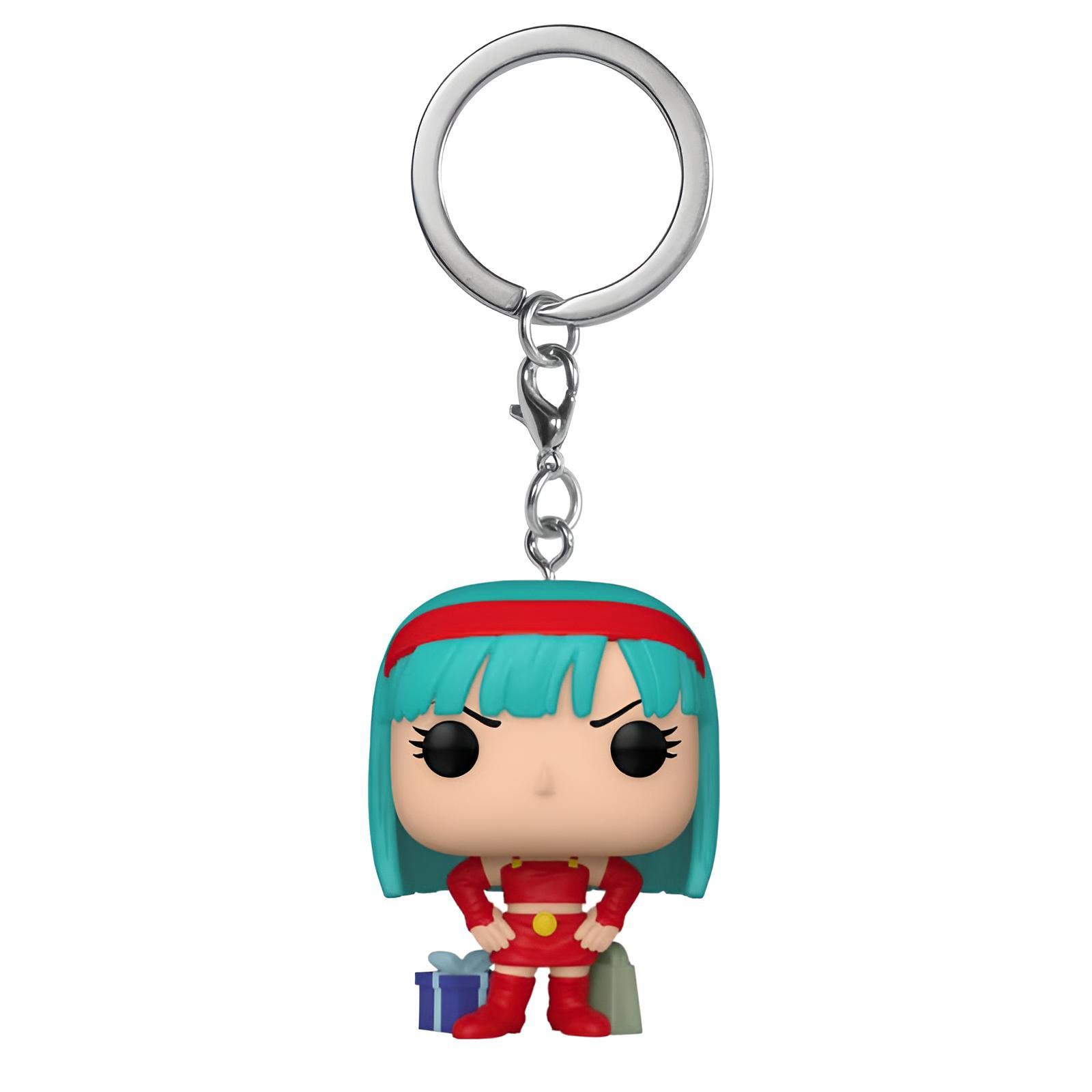 Ein Dragon Ball Z Bulma Funko Pop-Schlüsselanhänger auf weißem Hintergrund.