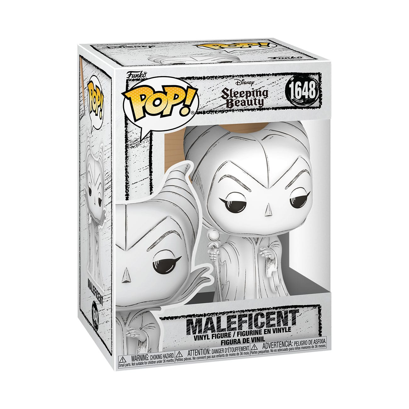 Una figura Funko Pop! en blanco y negro de Maléfica de La Bella Durmiente en su caja de colección.