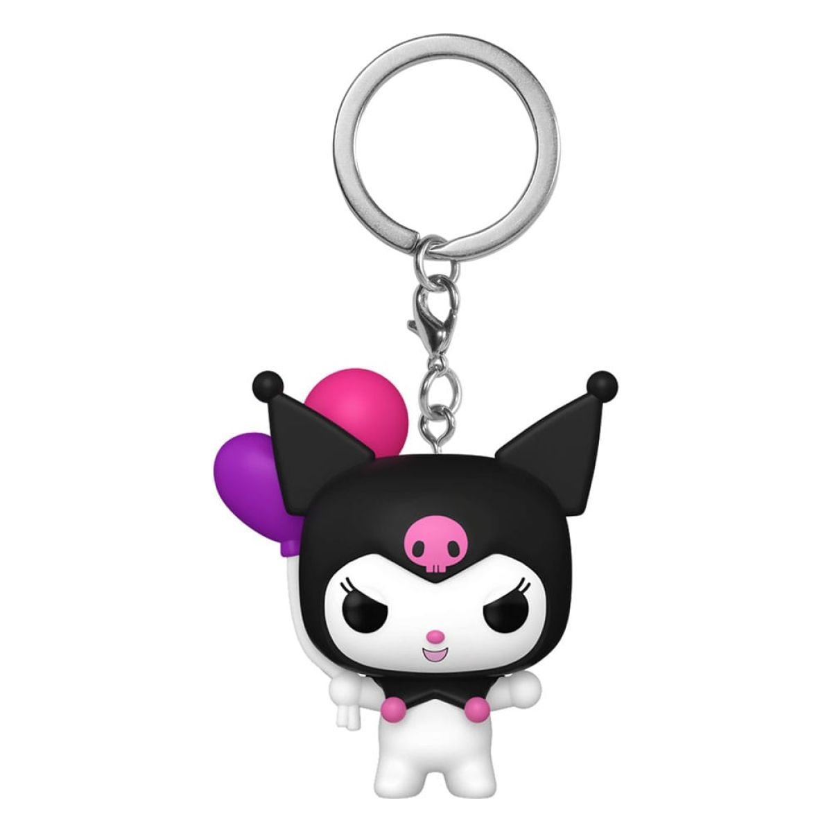 Ein Kuromi-Schlüsselanhänger in Schwarz und Weiß mit rosa Totenkopf und Luftballons.