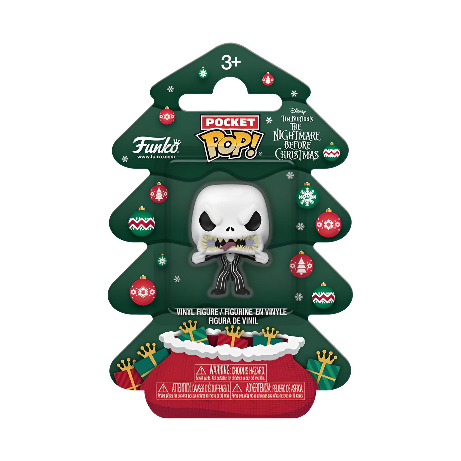Una figura de vinilo Funko Pop de Jack Skellington en un empaque con forma de árbol de Navidad.