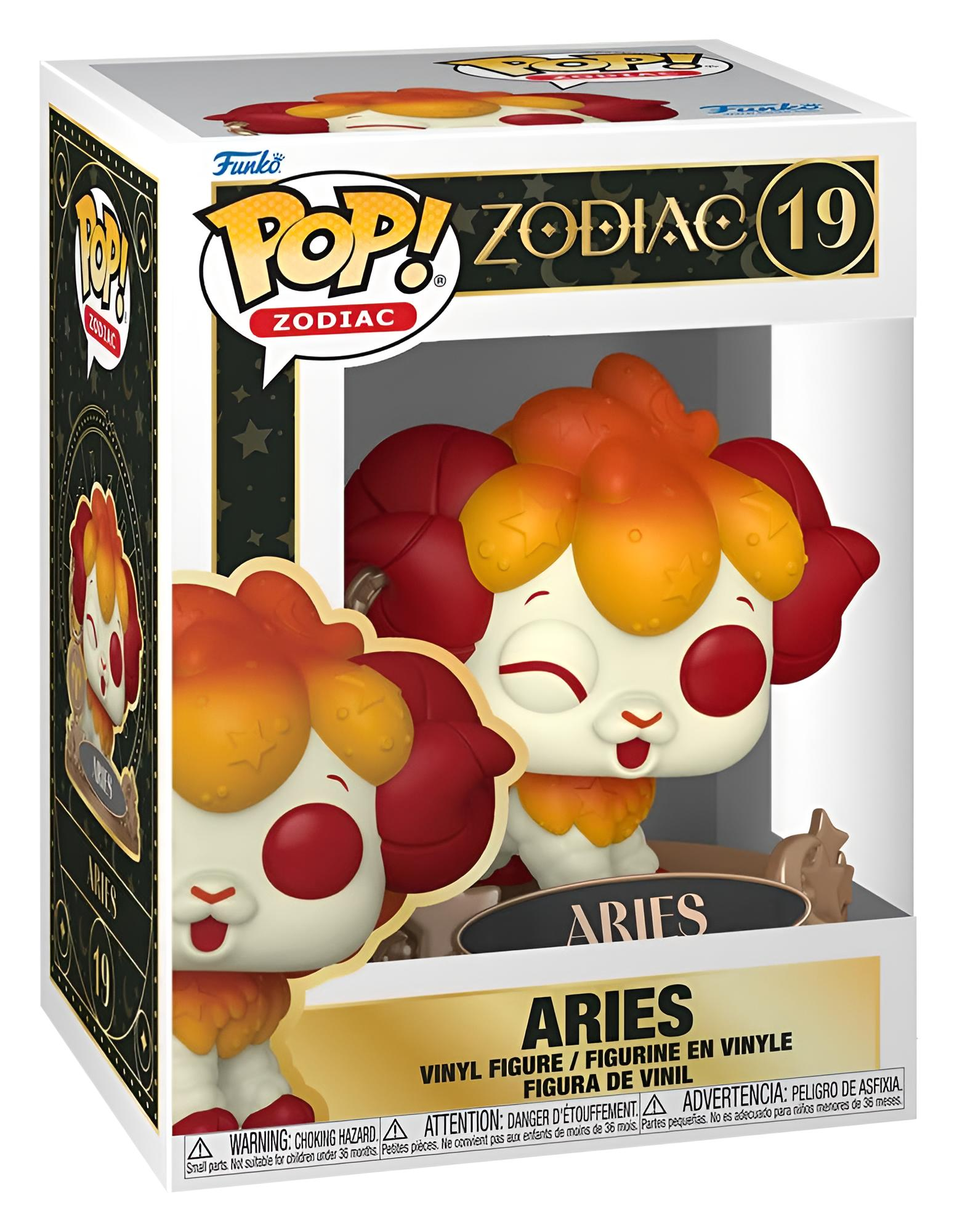Pop! Zodiac Widder Vinyl-Figur in Box, mit einem süßen Widder-Charakter mit roten und orangen Hörnern.