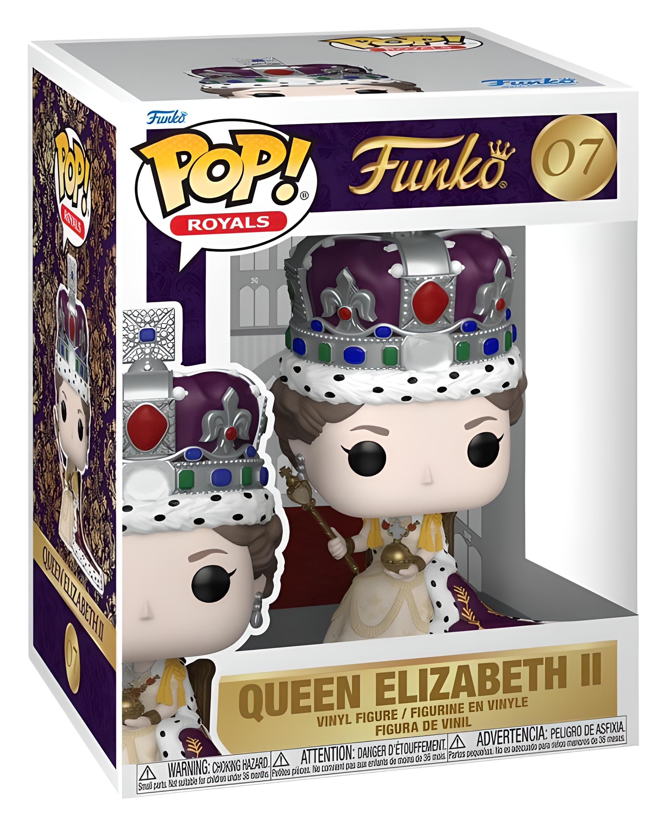 Figura de vinilo Funko Pop Royals Queen Elizabeth II en su empaque original con corona y cetro.