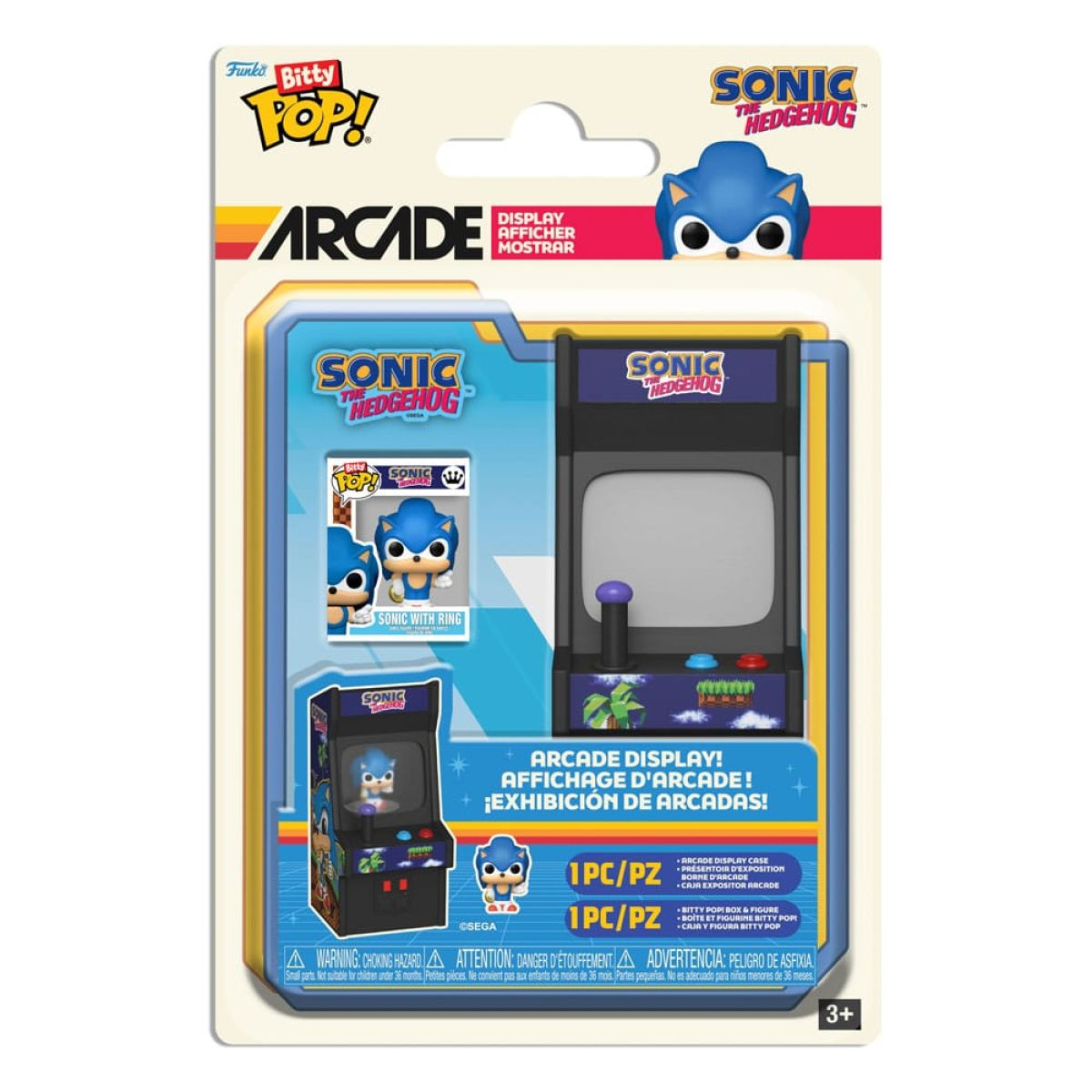 Empaque de exhibición Funko Bitty Pop! Sonic Arcade con una mini máquina y una figura de Sonic dentro de su caja.