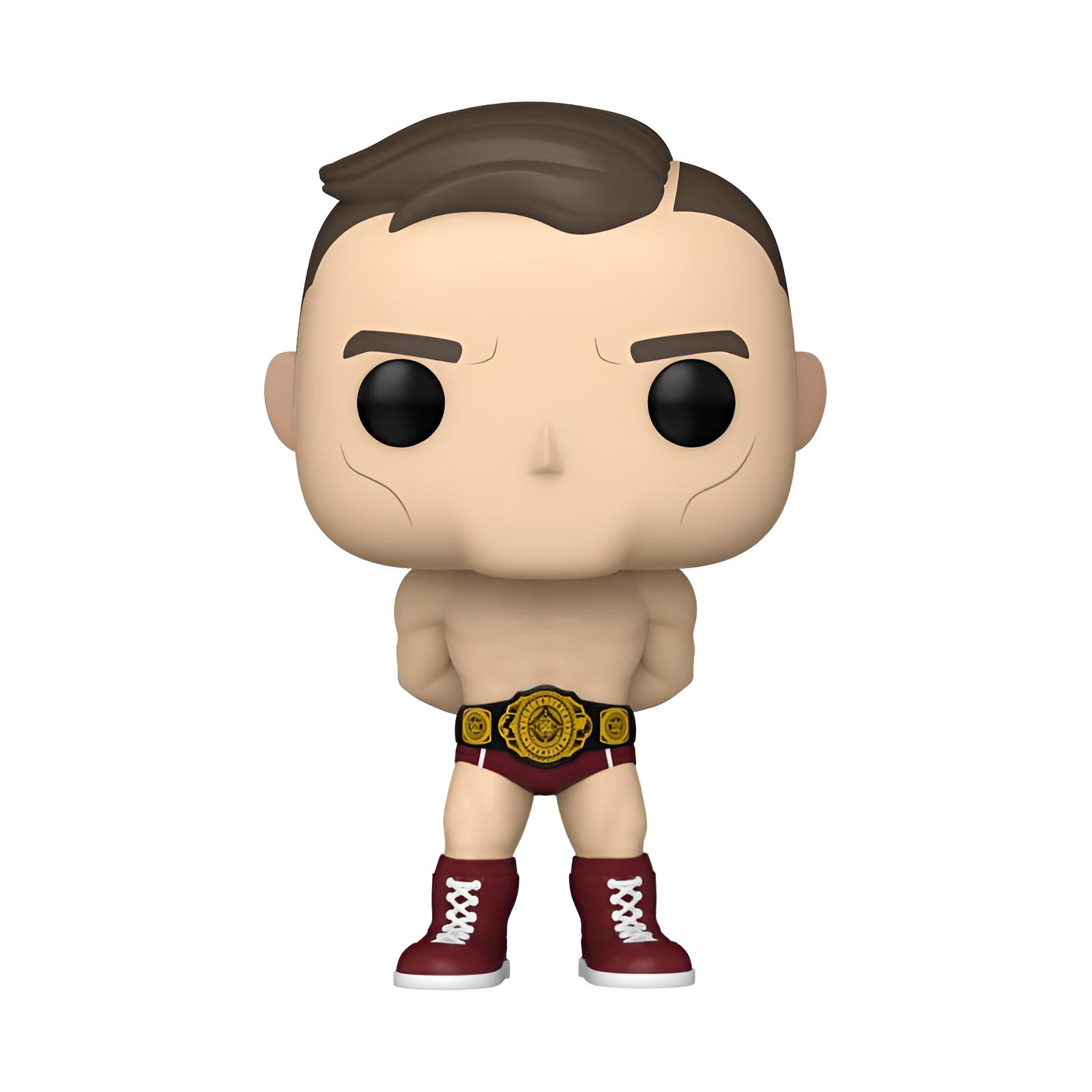 Eine stilisierte Vinylfigur eines Wrestlers mit braunen Haaren, einem goldenen Meisterschaftsgürtel, roter Hose und roten Stiefeln.