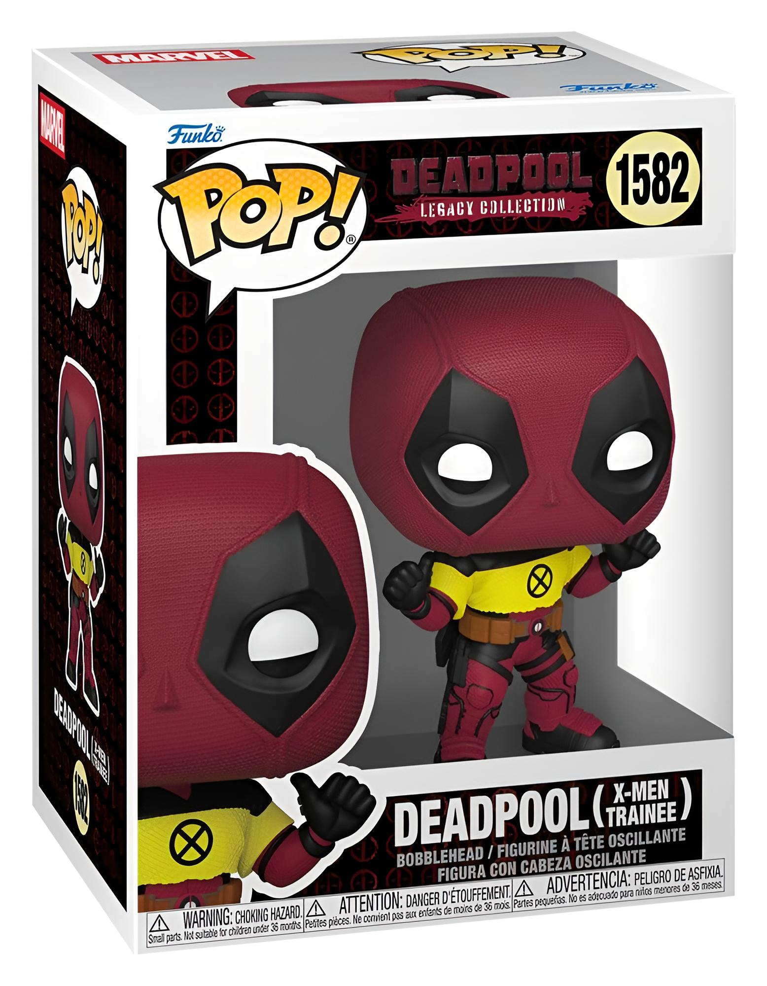 Una figura de vinilo Funko Pop! de Deadpool como aprendiz de los X-Men en su caja.