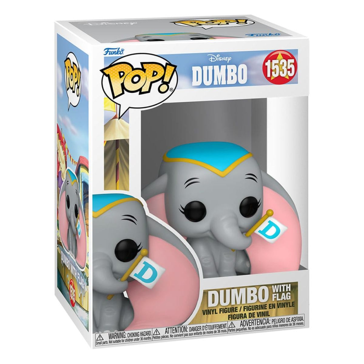 Pudełko Funko Pop z winylową figurką Dumbo trzymającą flagę.