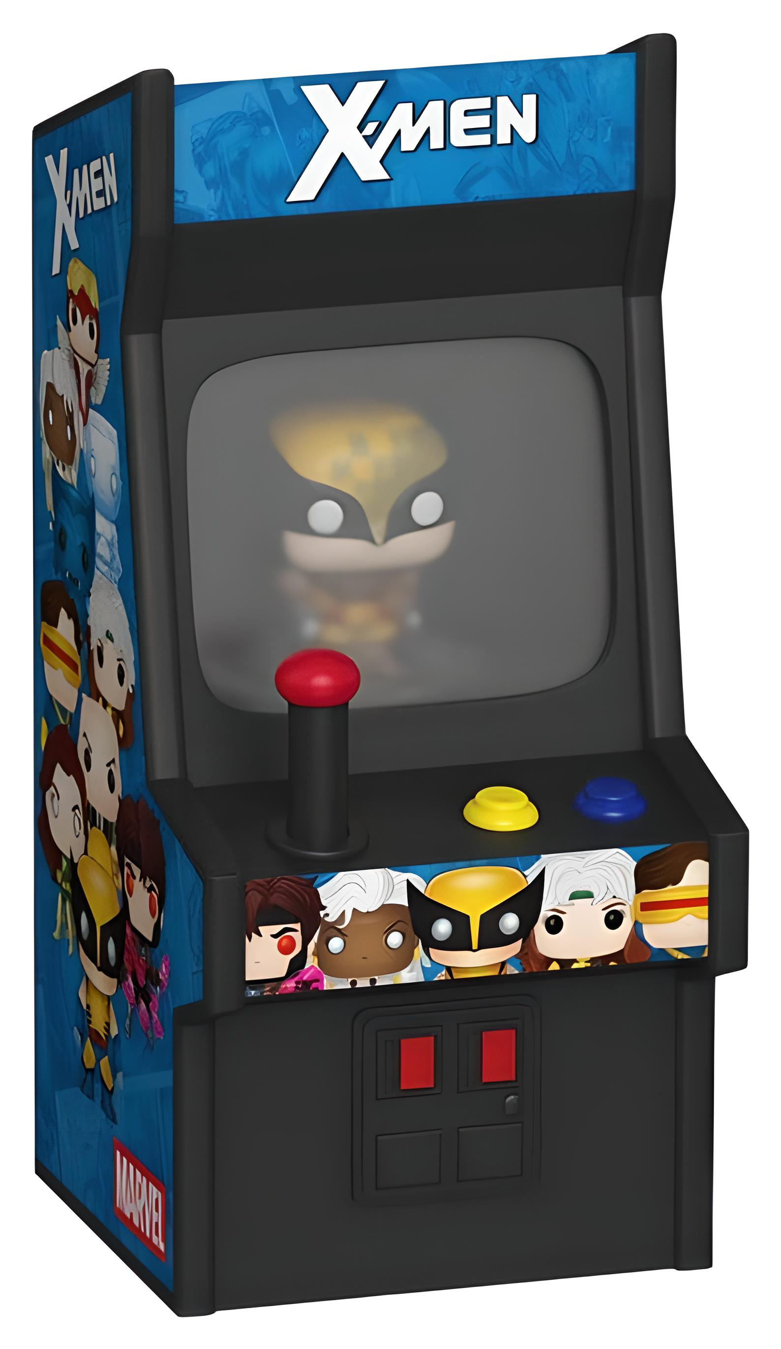 X-Men Mini-Spielautomat mit Marvel-Figuren, Bildschirm, rotem Joystick und gelben und blauen Knöpfen.