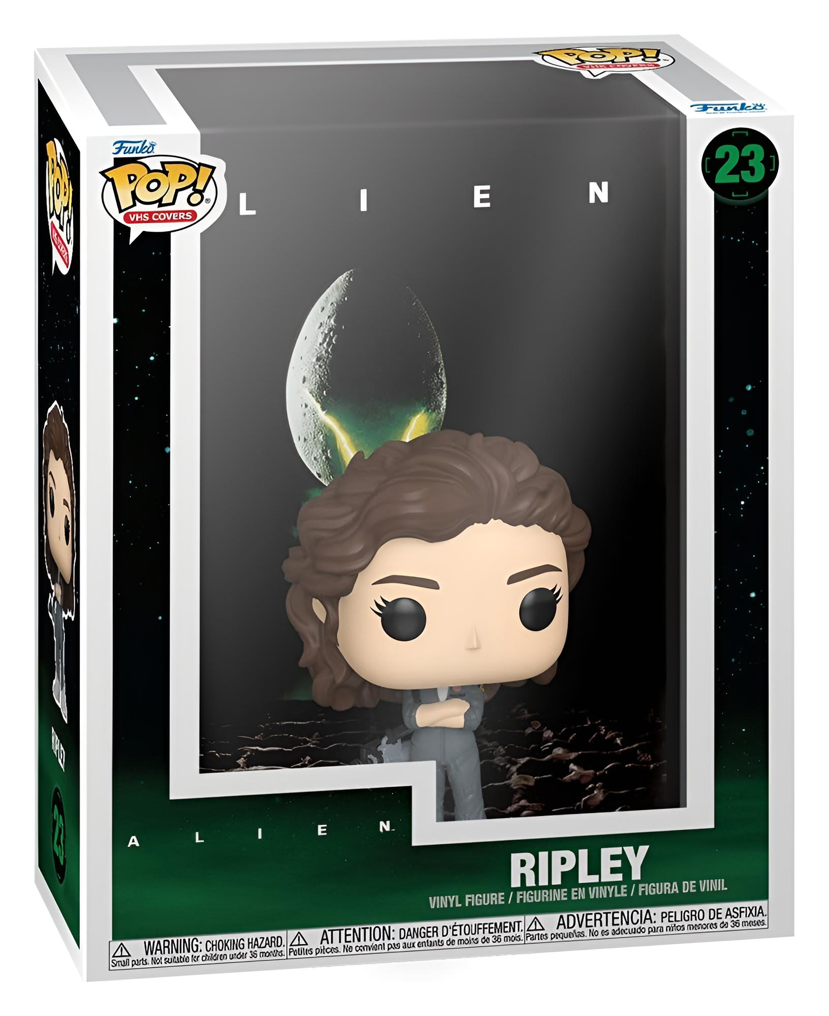 Figura de vinilo Funko Pop Ripley en caja de coleccionista de VHS de Alien sobre fondo oscuro.