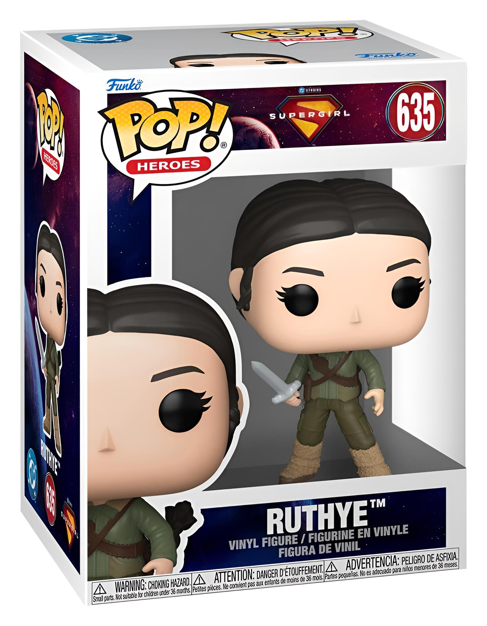 Figura de vinilo Funko Pop de Ruthye con traje verde y espada en su caja.