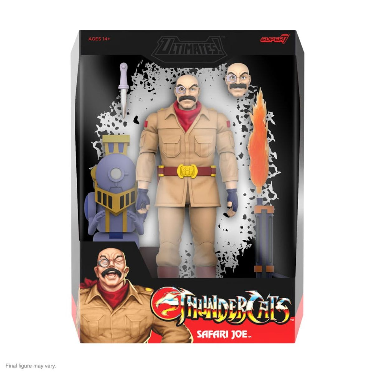 Thundercats Safari Joe Actionfigur im Karton mit Zubehör und Flamme.