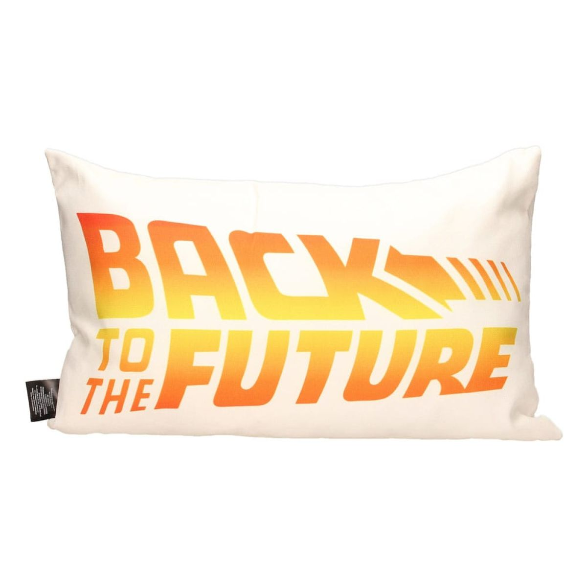 Una almohada blanca con el logotipo rojo y amarillo de Back to the Future.