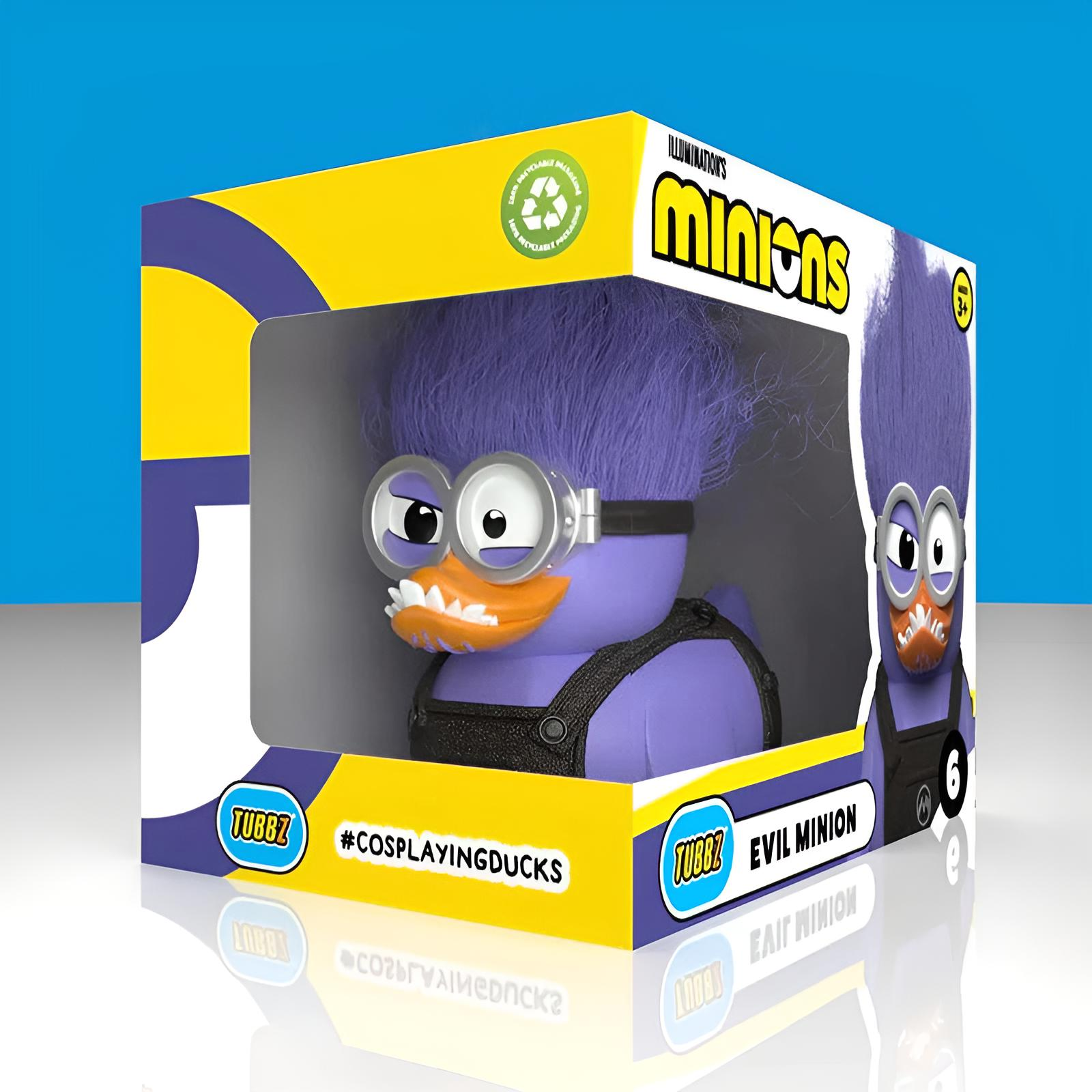 Eine lila Evil Minion Cosplaying Duck Figur in gelb-violetter Minions-Box.