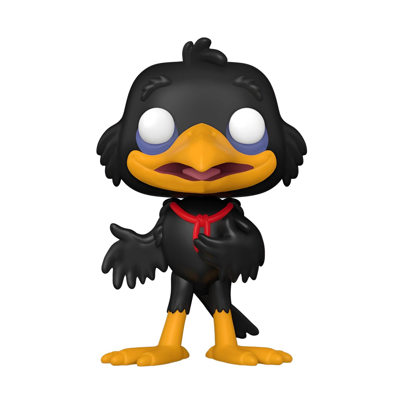Eine schwarze Vogel-Vinylfigur mit gelbem Schnabel, weißen Augen, rotem Kragen und orangefarbenen Beinen vor weißem Hintergrund.